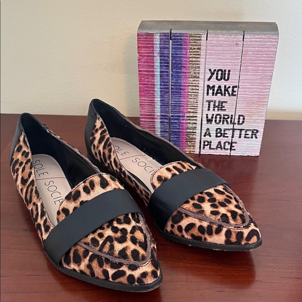 Sole Society Leopard Calf Hair Pointed Toe Loafers Black Strap Women's 6.5 M